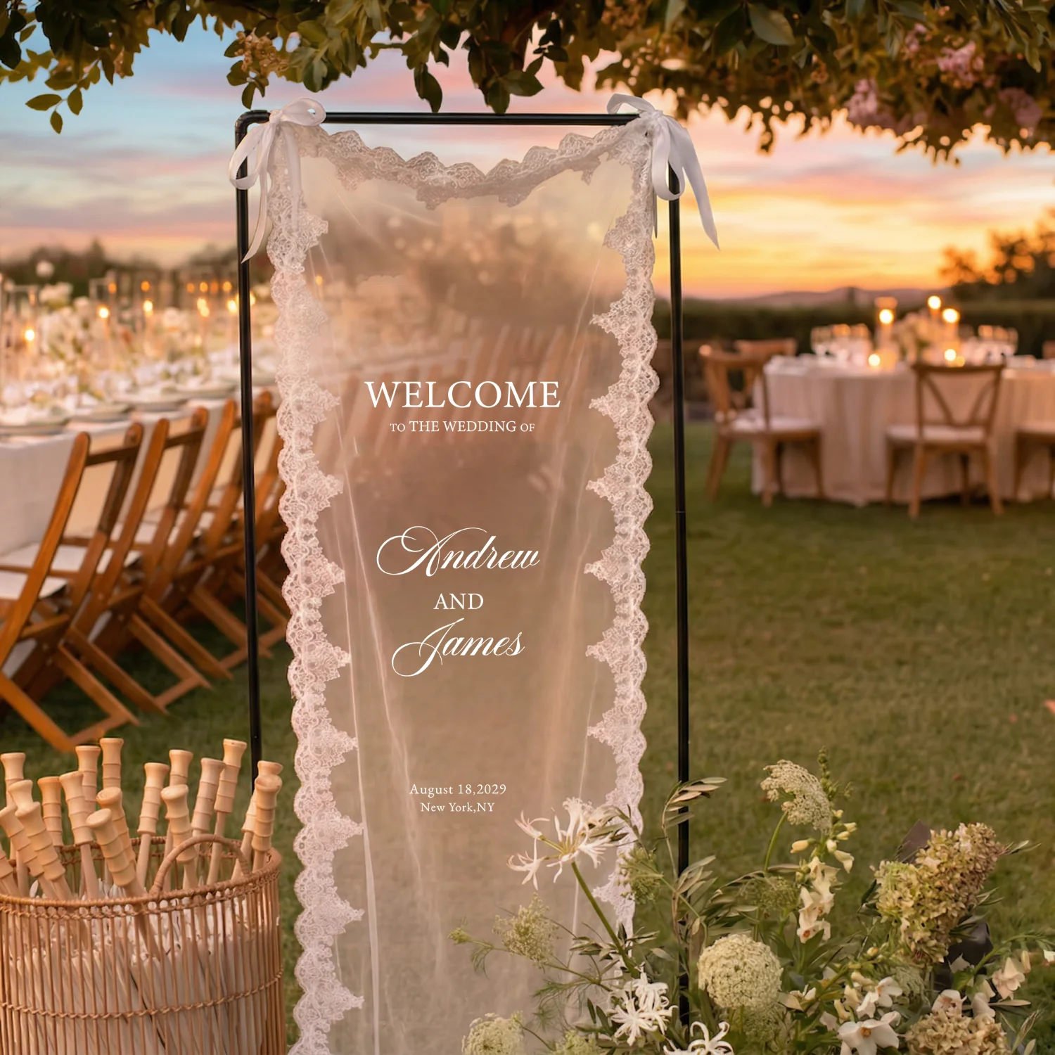 Custom Wedding Welcome Sign Lace Fabric Sign Personalized Welcome Banner for Wedding Engagement Shower Party Outdoor Decor