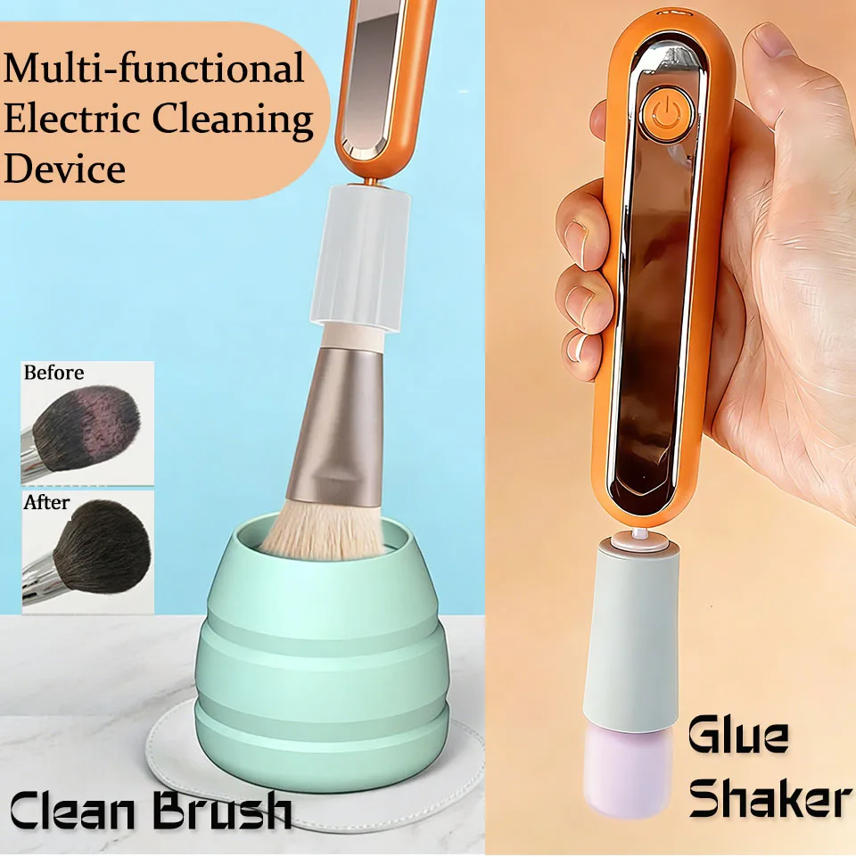 2 in 1 Electric Makeup Brush Cleaner & Lash Glue Shaker USB Charging Brush Washing Machine Rapid Drying Pigment Liquid Mix Tool