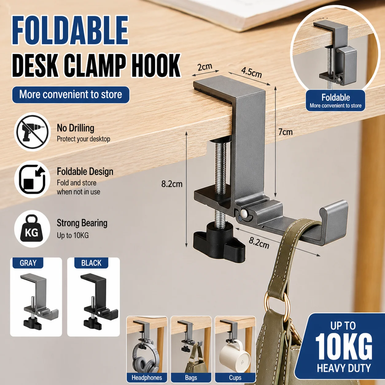 Foldable Desk Clamp Hook Hanger, Under Table Storage Holder for Headphones Bags Cups, No Drill Space Saving Organizer
