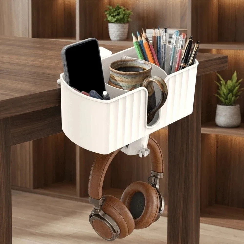 Plastic 4 in 1 Desk Headphone Hanger Detachable Space Saving Clip-on Pen Cup Holder with 2 Wire Holes Rotating Headphone Holder