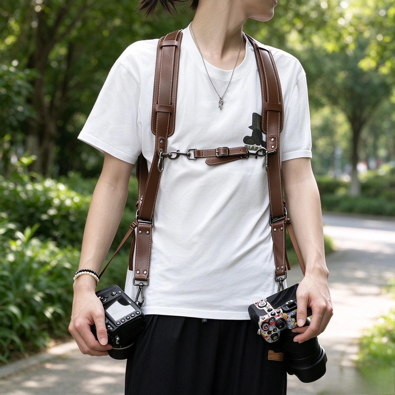 Dual Camera Shoulder Strap Harness for DSLR Photography, Genuine Leather Straps, Double Lock Clips, Movable Shoulder Pads