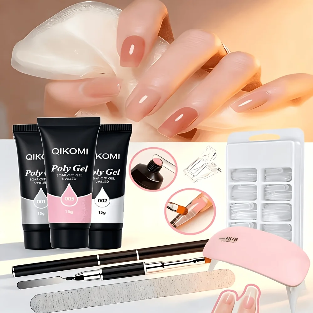 3 Colors QIKOMI Poly Gel Nail Extension Kit with Mini UV LED Lamp, Application Brush, Slip Solution and Nail Tips for DIY Nail E