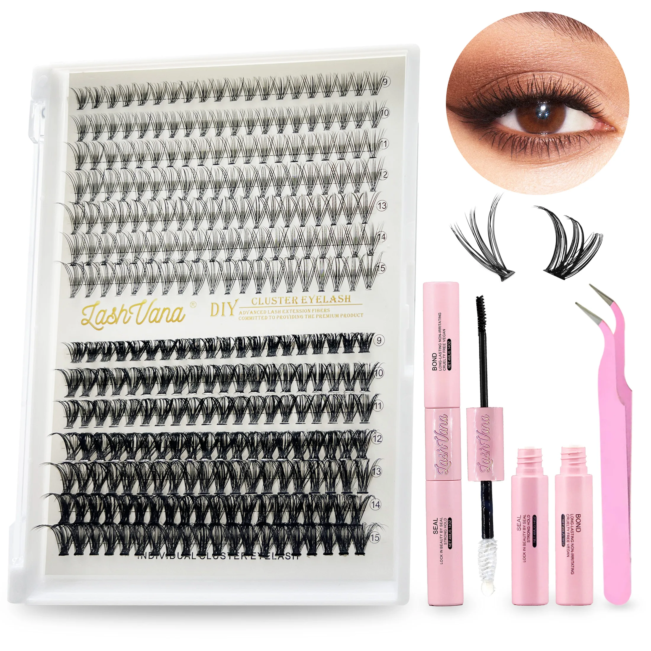 Eyelash Extension Kit 3040D Lash Clusters D Curl 8-16 Individual Lashes Kit with Bond and Seal, Tweezers and Brush Makeup Tools