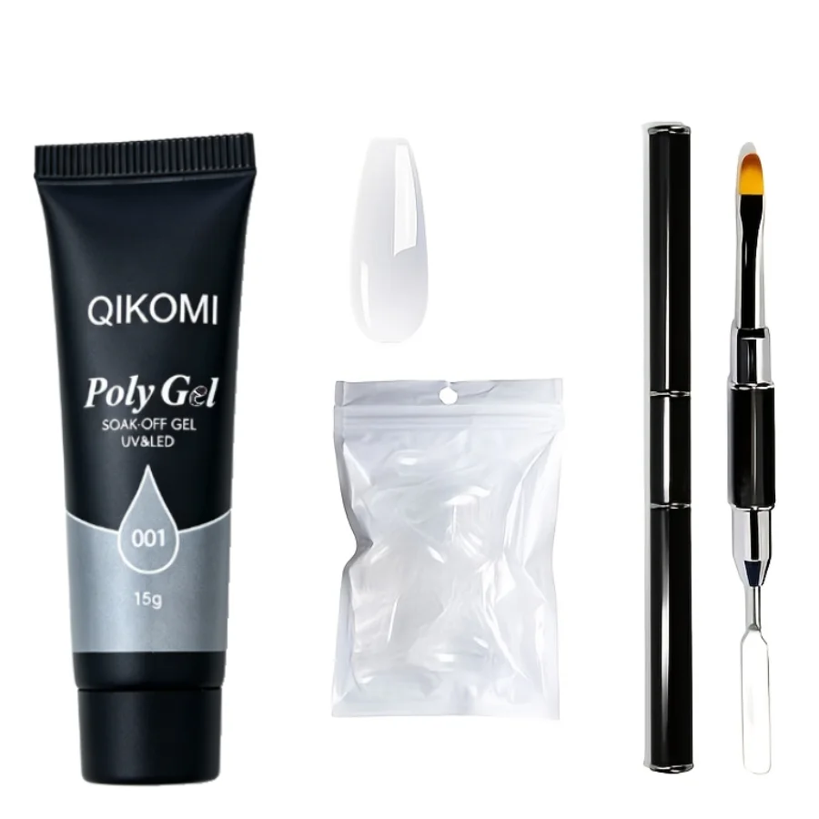 QIKOMI Poly Gel Nail Extension Kit, 15g Soak Off UV Builder Poly Gel with Dual-ended Application Brush and False Nail Tips for D