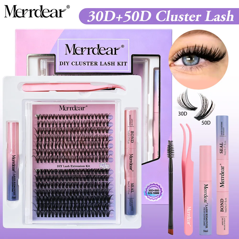 Merrdear Lash Clusters Kit Individual Cluster Lash Extensions 30D 50D Wispy Eyelash Clusters with Lash Bond Seal Tweezers Brush