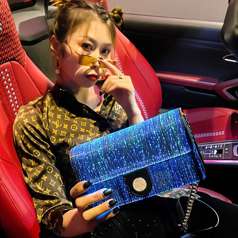 2024 Luxury Colorful Luminous Square Bags For Women LED Light New Fashion Shoulder Bag Optical Fiber Fabric Crossbody Bag