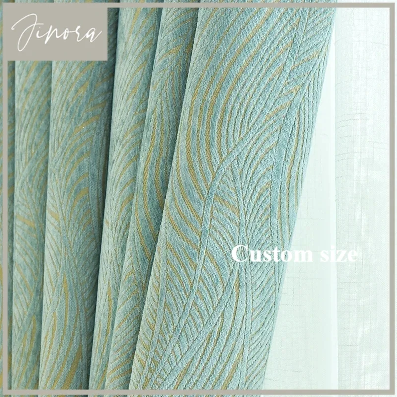 Chenille Luxury Curtains For Living Room Bedroom Thick Blue Leaf Pastoral Blackout Floor-to-ceiling Window Textured Customized