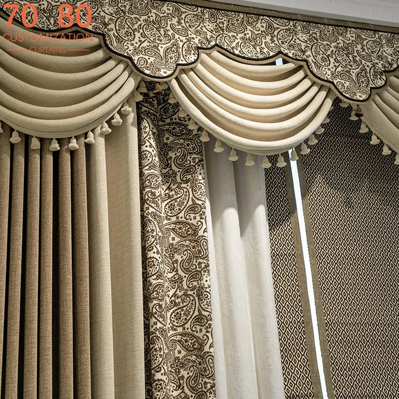 Vintage French Jacquard Beige Thickened Chenille Curtains for Living Room Bedroom Balcony French Window Customized Valance