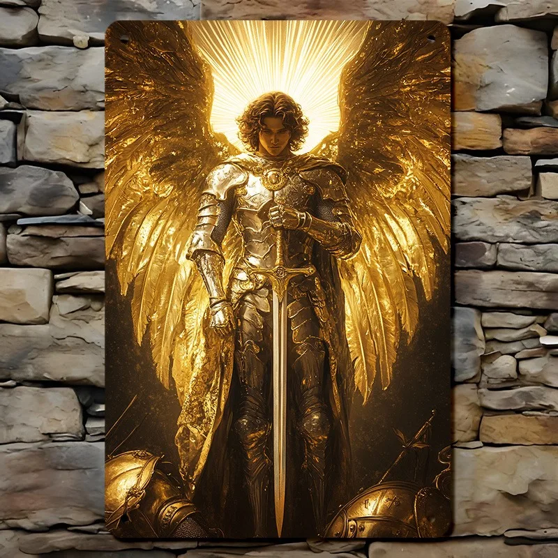 Vintage AluminumMetal Wall Decor Sign, Archangel Michael Art Poster with Halo and Sword, Golden Armor and Broken Demons