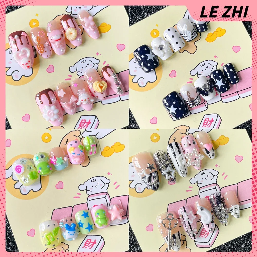 Pink French Short Portable Fake Nails Camellia Lace Wings Square Almonds Y2K Is Old-Fashioned Rilakkuma Cute Press On Nail Art