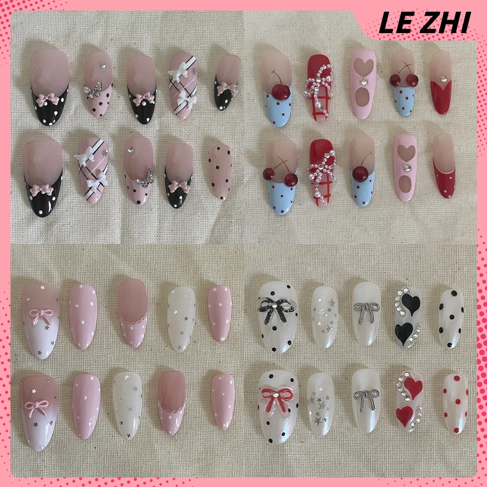 10Pcs Handmade Short Portable Sweet Bow Wings Press On Nails Art Pink Blue Almond Ballet Coffin Square Shining Stars False Nails