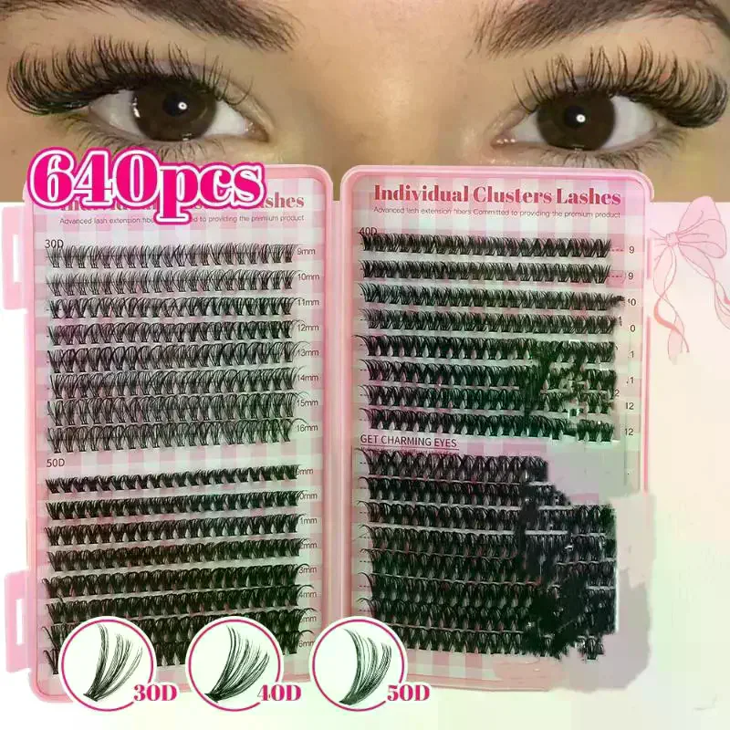 640 Pcs 30D+40D+50D Clusters Lashes Extension Kit, Length 9-16mm Natural Eyelashes Cat Eye DIY At Home