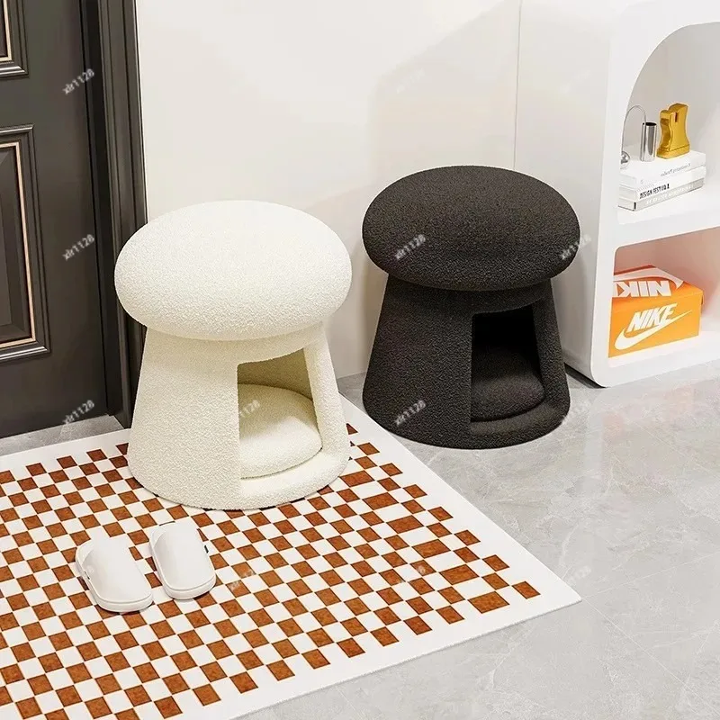 Solid Wood Multifunctional Shoe Stool Mushroom Low Stool Living Room Footrest Cat Nest Makeup Bench
