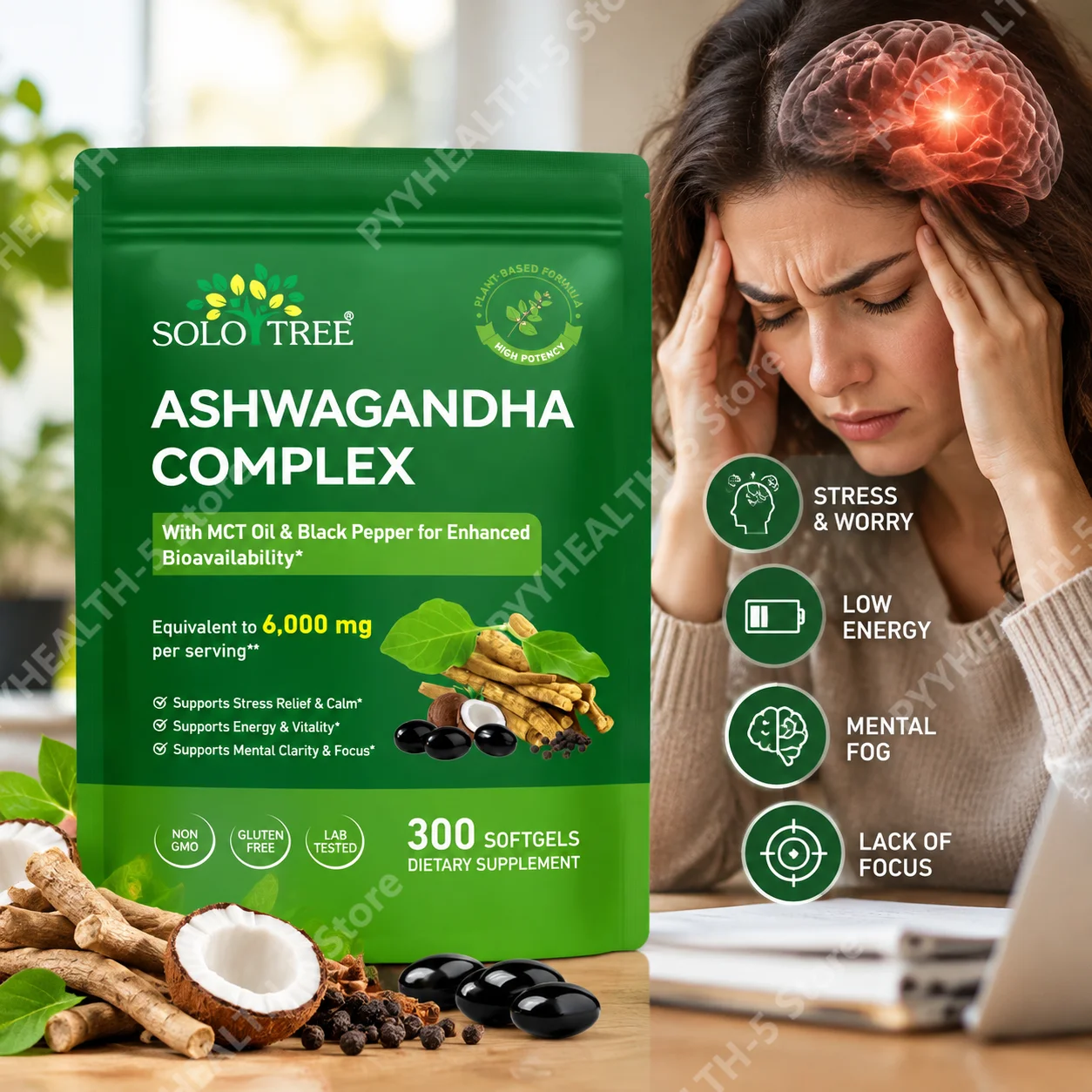 Ashwagandha Complex Softgels Stress Relief Lift Cognitive Clarity 20:1 Extract with MCT Oil Black Pepper Mental Focus 300 Count