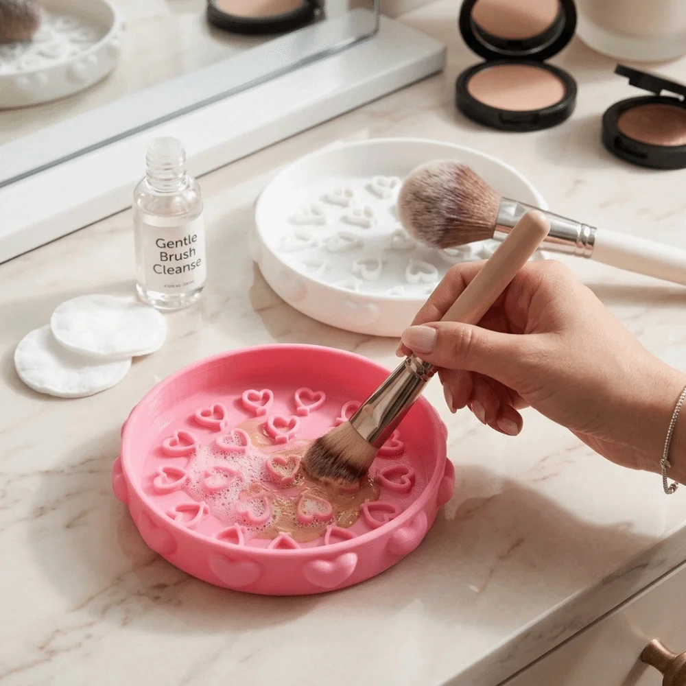 Cute Brush Cleaning Tray Portable Heart Pattern Makeup Brush Cleaner Bowl with Textured Base Scrubbing Pad Brush Cleaning Tool