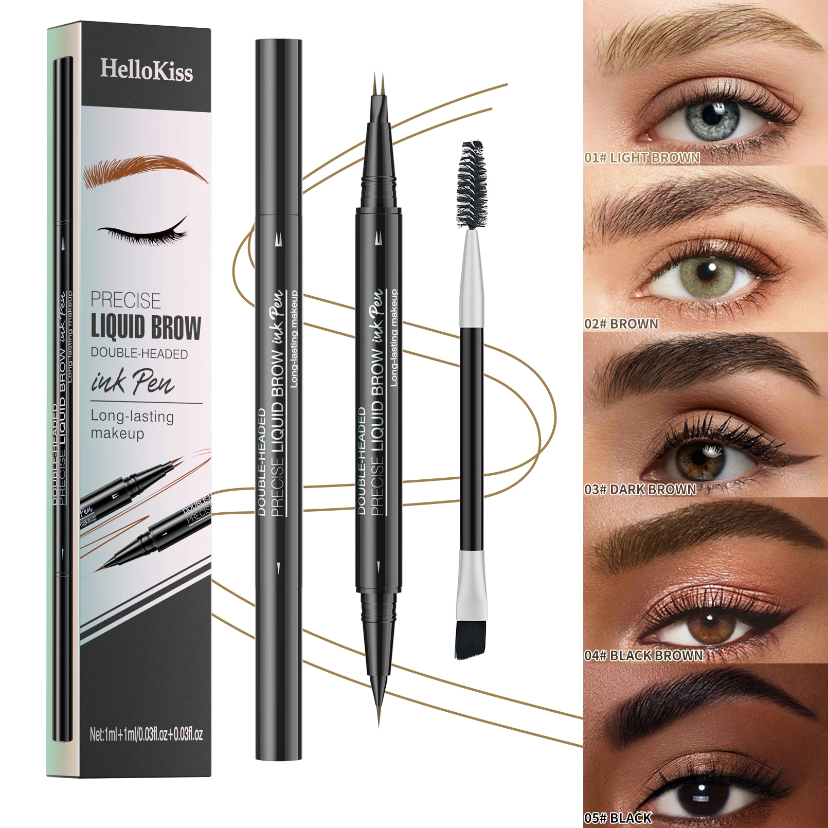 Waterproof and Sweat-Proof Liquid Eyebrow Pencil, Dual-Ended, Ultra-Fine, Available in Light Brown, Brown, Dark Brown, Black, and Black-Brown, a Daily Eye Makeup Product for Women
