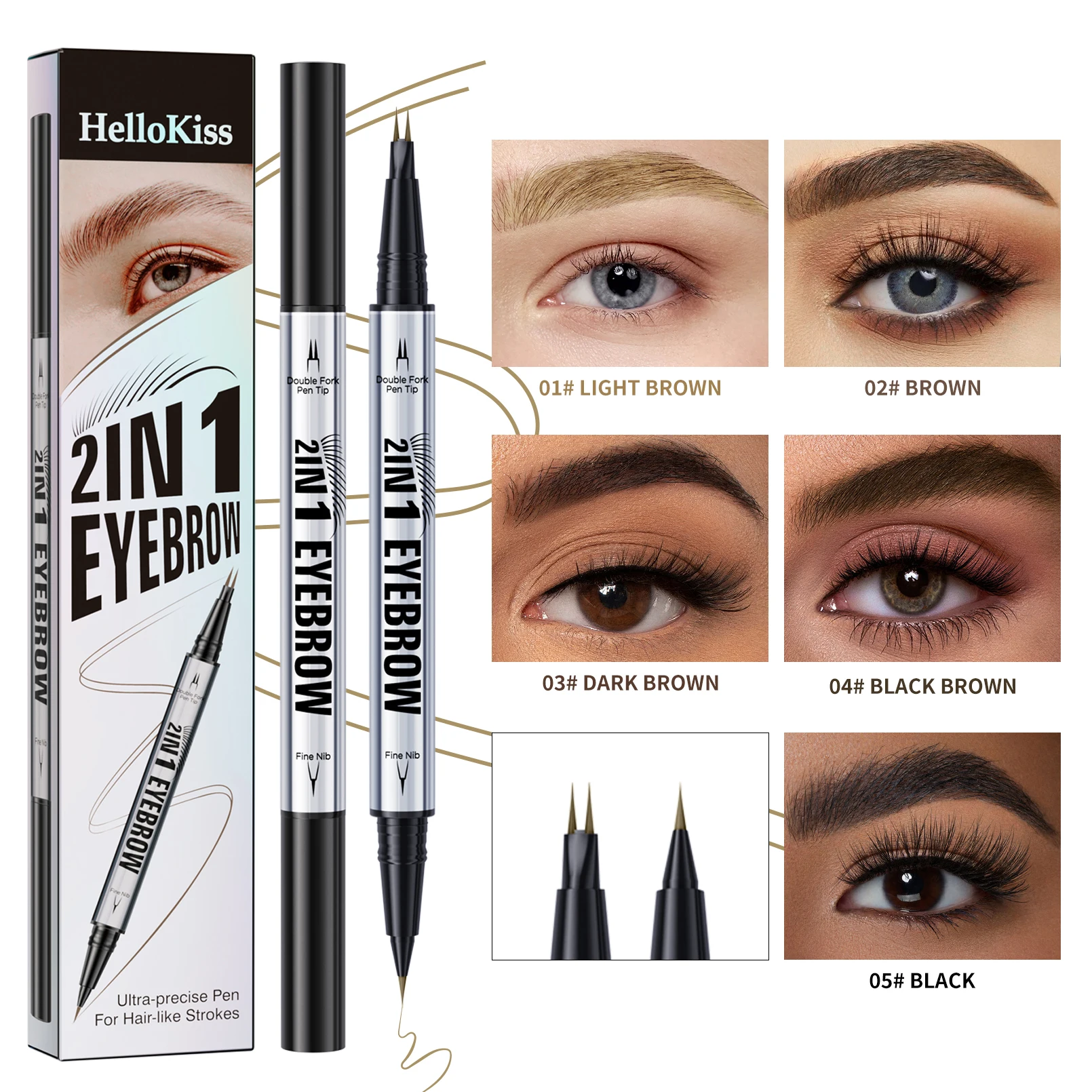 5-Color Liquid Eyebrow Pencil, Dual-Ended Eyebrow Pencil, Brown, Black, Light Brown, Dark Brown, Slim, Waterproof, Smudge-Proof, Wild Eyebrow Look, a Must-Have for Women's Daily Eye Makeup