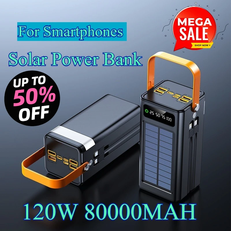 80000mAh Solar Power Bank 120W Super Fast Large Capacity Portable Mobile  for Smartphones Laptops Outdoor Camping Devices