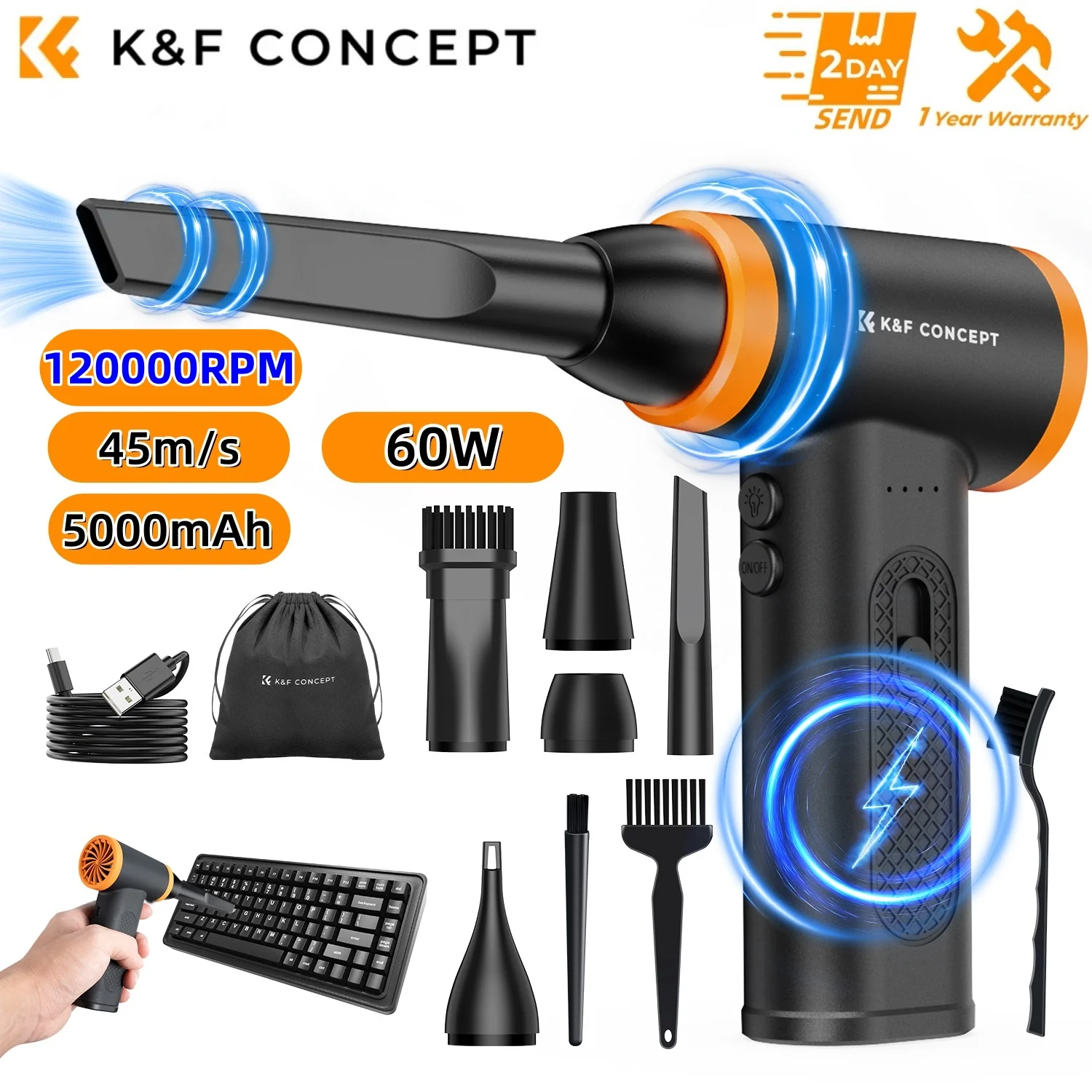 K&F CONCEPT 120000RPM Electric Air Duster Brushless Compressed Air Blower for PC Computer,Laptop Keyboard,Camera Cleaning Tools