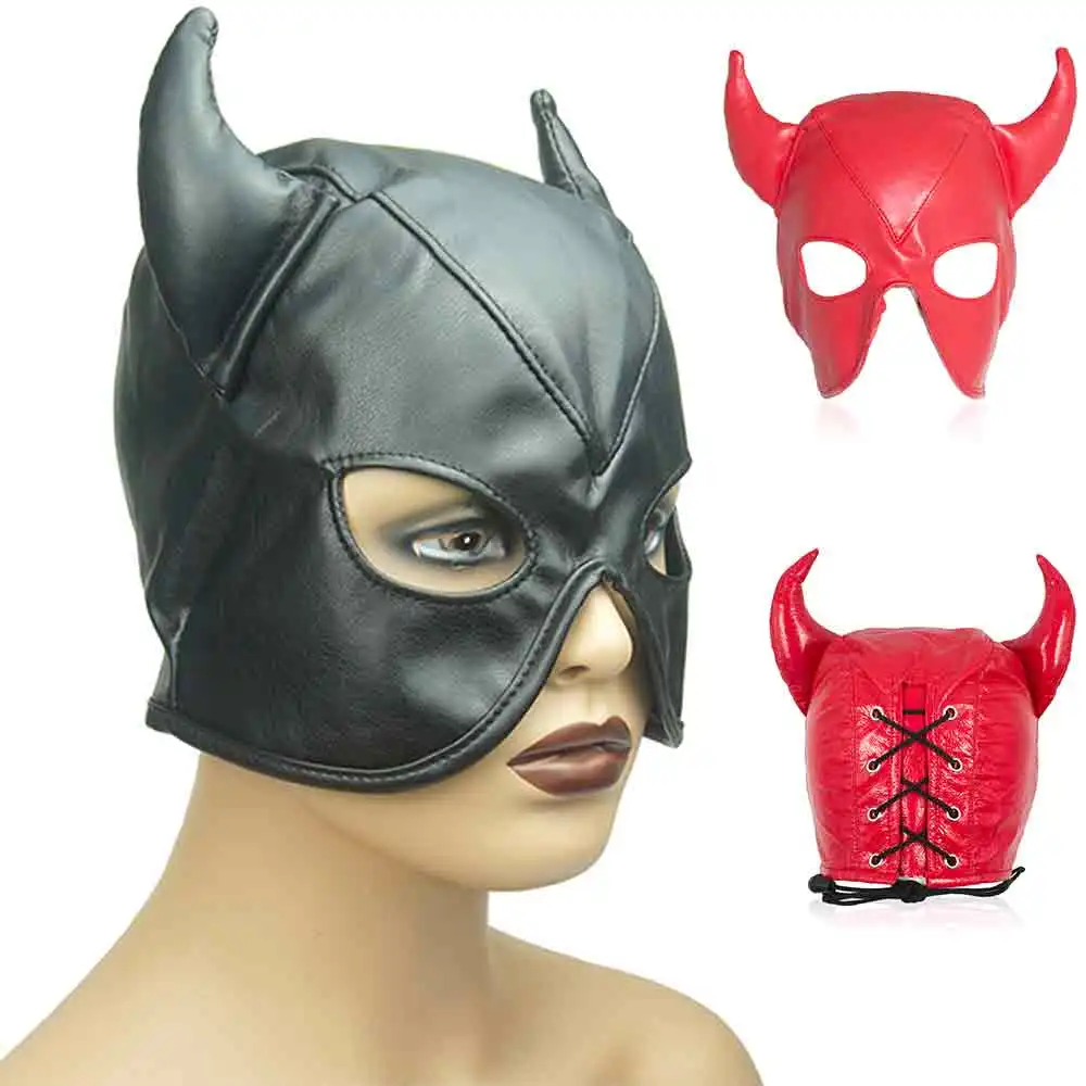 Erotic Toys Devil Bondage Mask Head Hood Open Eye Mouth PU Leather Slave Headgear Harness Adult BDSM Couples Games Mask Sex Toys