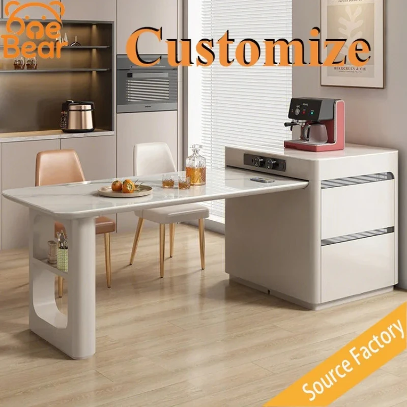 Retractable Solid Wood Kitchen Island with Storage Cabinet Adjustable Size Wooden Furniture for Apartment Kitchen Decoration