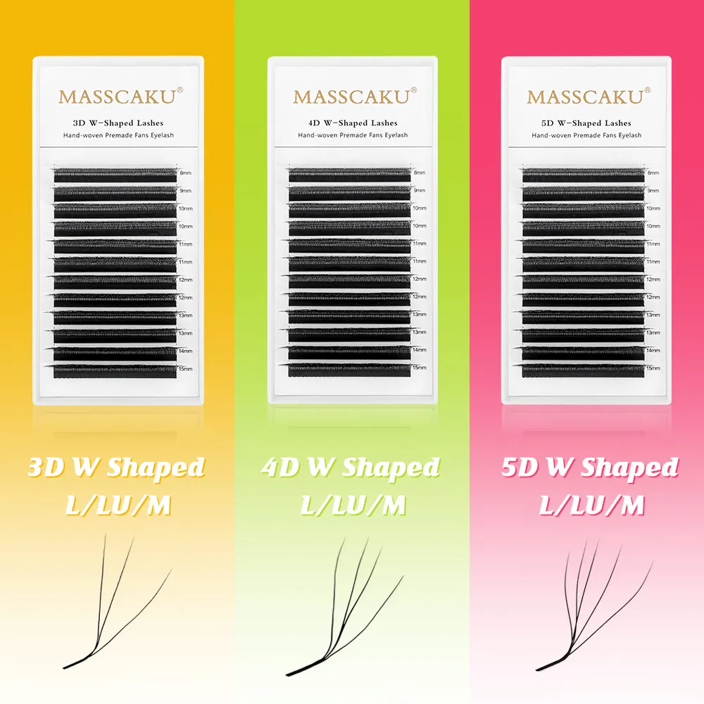 MASSCAKU W-Shaped 3D-5D L LU M Curl 8-15mm Mix Premade Volume Fans Soft Natural False Eyelashes For Professional Eye Makeup