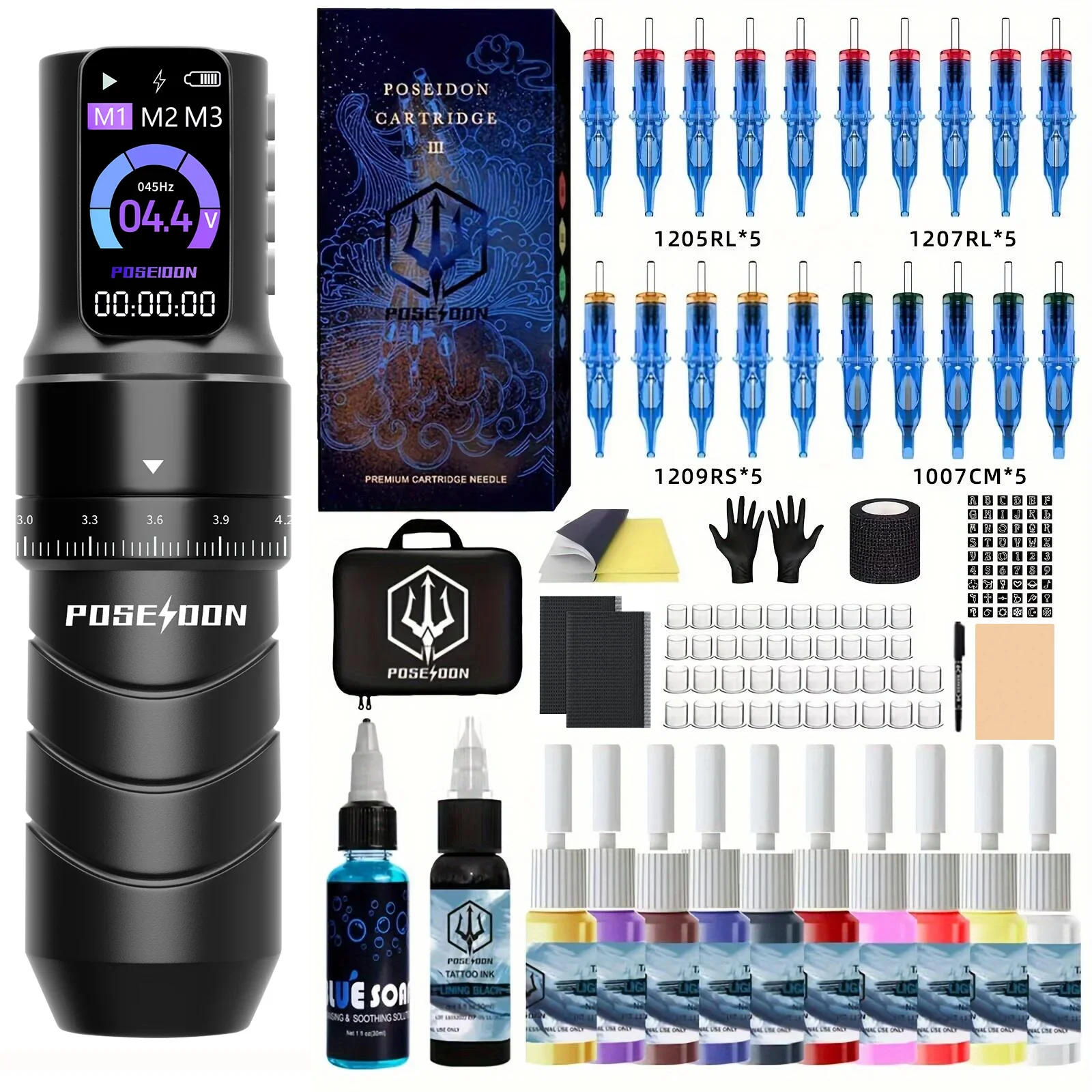 Tattoo Kit POSEIDON High Quality Tattoo Pen Kit For Permanent Makeup Tattoo Machine Kit Adjustable Wireless Tattoo Gun Kit