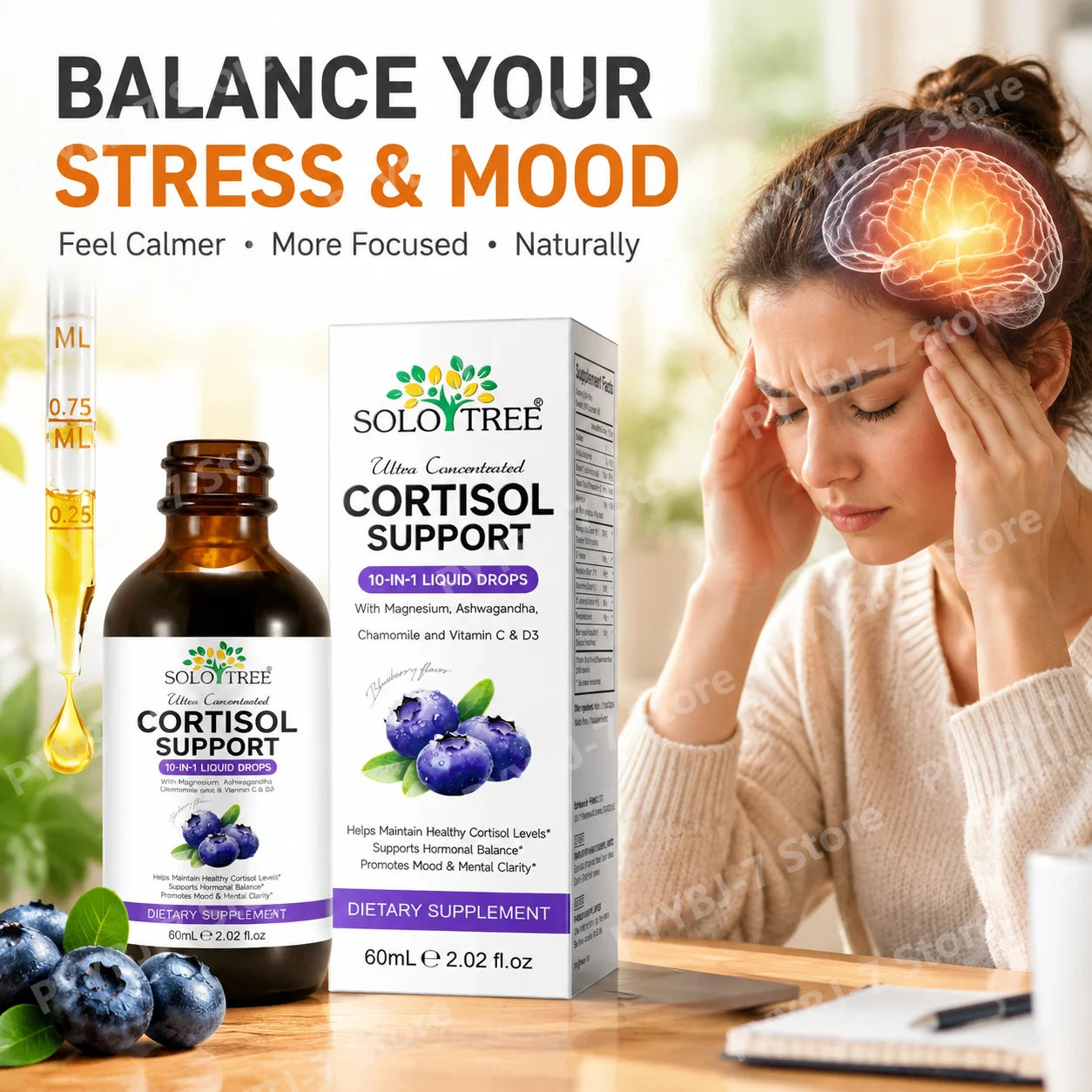 Cortisol Support Liquid Drops Calm Daily Stress Overload, Stabilize Erratic Mood Swings Ashwagandha L-Theanine Blend Vegan 60ml