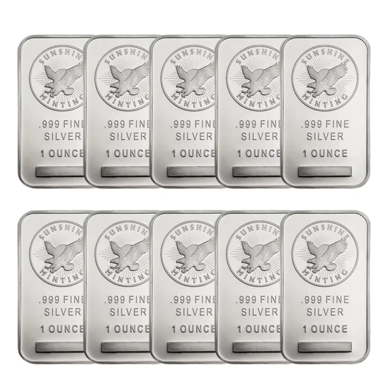 10pcs Non Magnetic Sunshine Minting 1 Ounce Silver Bar Zinc alloy Silver-plated Eagle Bullion Home decoration
