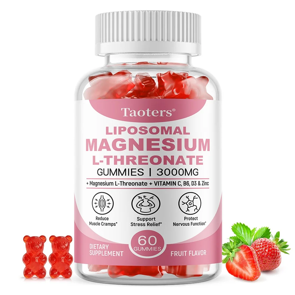 Liposomal Magnesium L-Threonate Gummies with Vitamin C, B6, D3 and Zinc - Stress Relief, Muscle Support