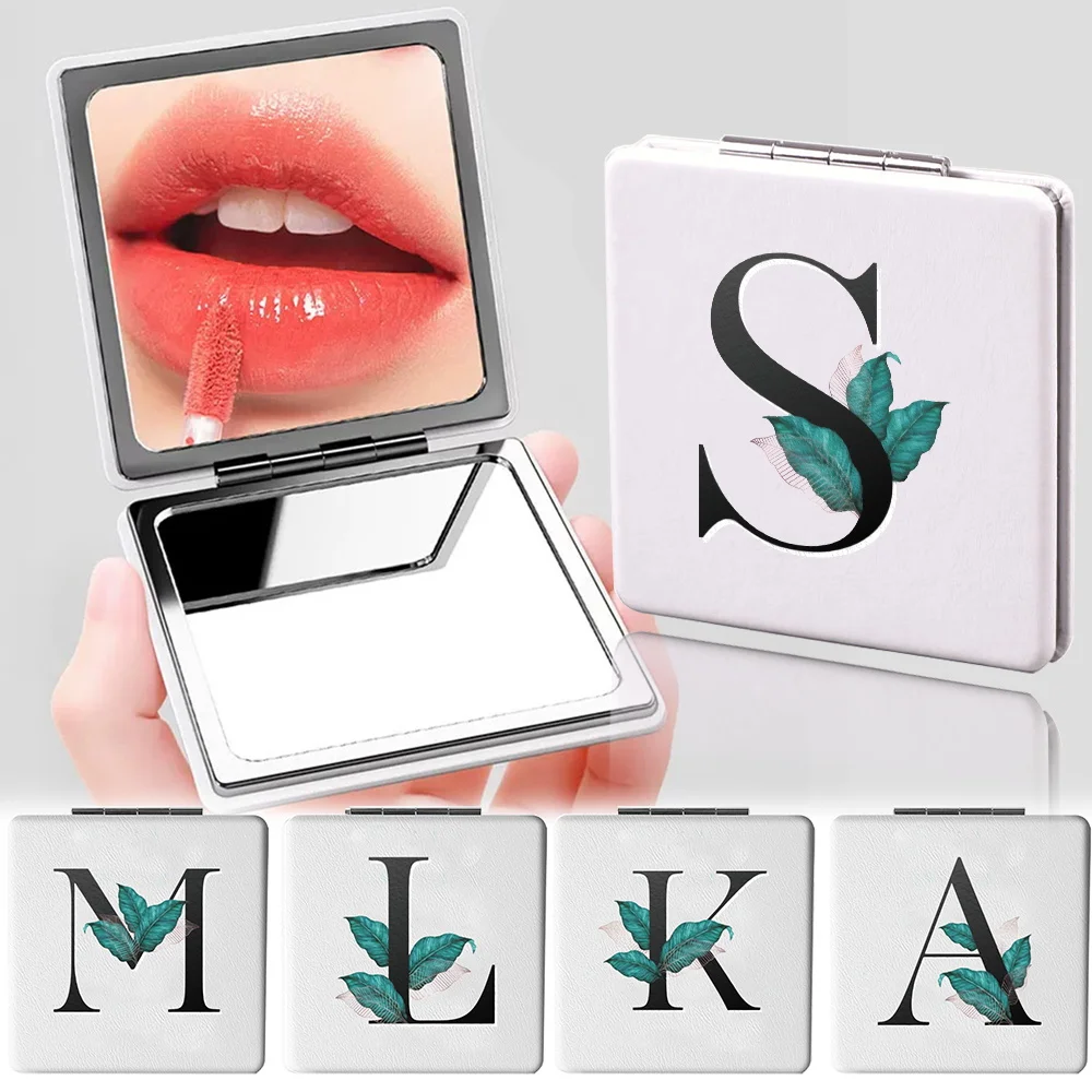 1pc Folding Hand Mirror Makeup Mirror Professional Double-Sided Make Up Mirrors Initial Name leaf 26 Letters Pattern