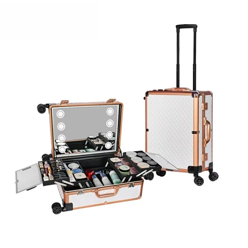Professional Vintage New Trolley Make up Case LED Lights Wheels Stands Travel Table Mirror Cosmetic Organizer Vanity Station