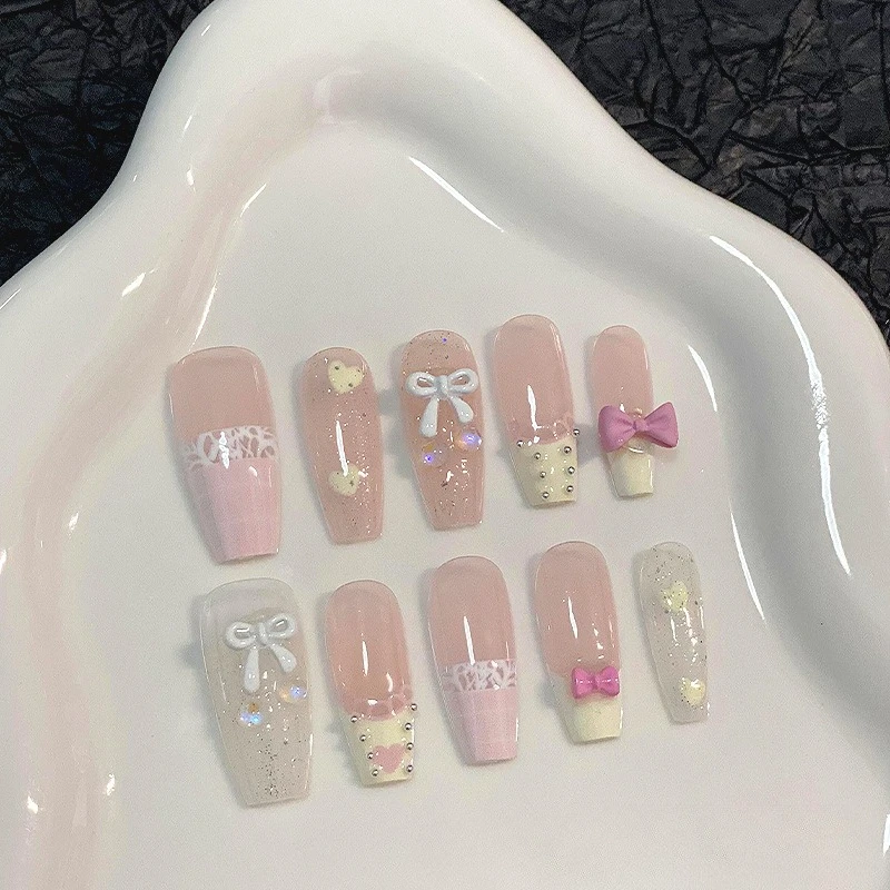10PCS Glossy Sweet Pink French Handmade Press on Nails with 3D Bowknot Cute Medium Coffin False Nails Wearable Ins Nail Manicure