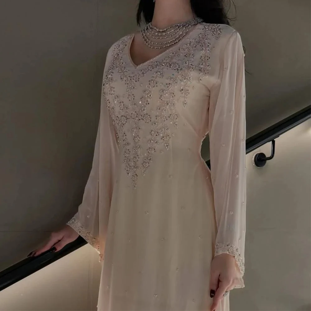 Modern Chiffon A-Line Evening Dress V-Neck Exquisite Beading Long Sleeve Women Customized Floor Length فساتين حفلة موسيقية