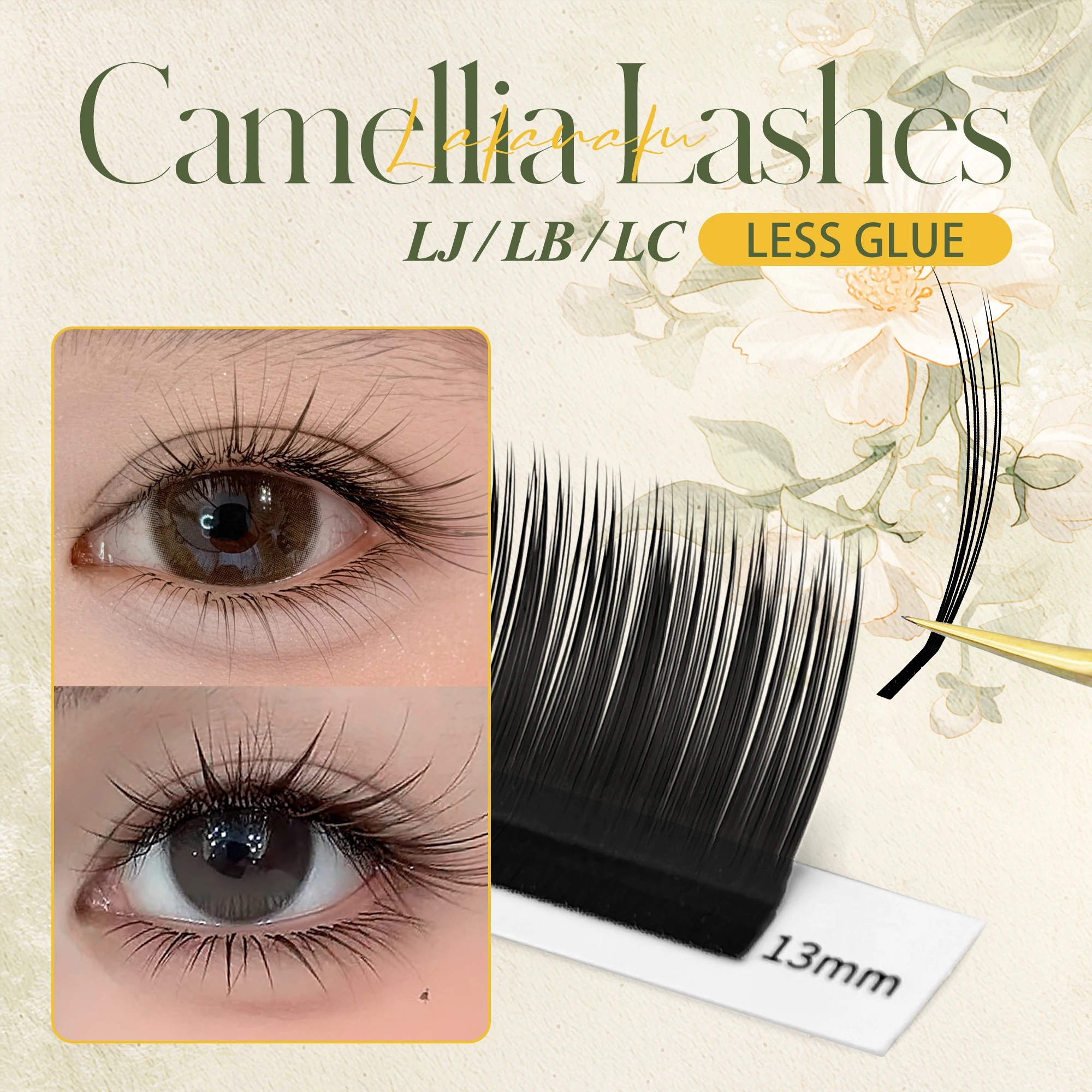 LAKANAKU Less Glue Camellia Lashes LJ/LB/LC Curl Black Brown Individual Eyelash Extensions Premium Volume Fluffy Lash