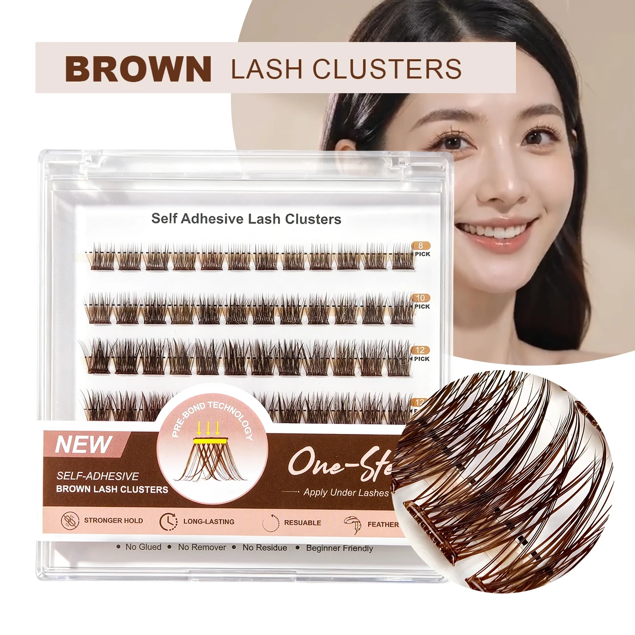 Brown Self-Adhesive Eyelash Clusters, No Glue Needed, 60 Pieces, Natural C-Curved Self-Adhesive Eyelash Extensions,