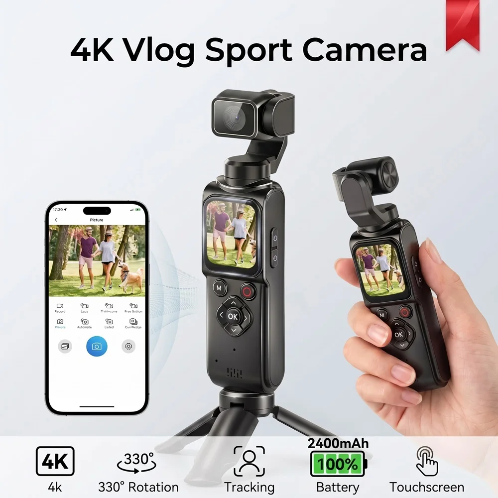 4K Pocket Gimbal Camera Handheld Vlog Cam Portable Sport Camera for Outdoor Travel Video Recording