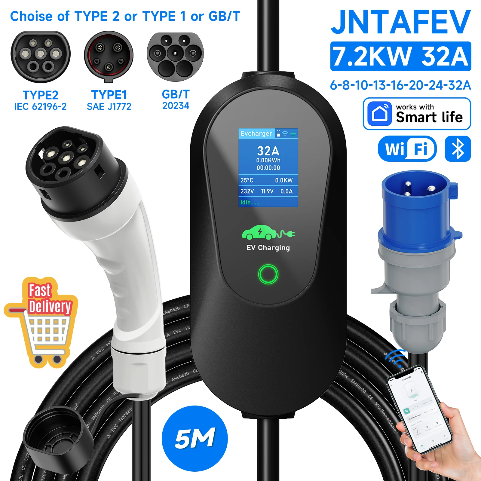 JNTAFEV Type2 IEC62196-2 Portable Electric Vehicle Charger Type1/GBT 32A 7.2KW EV Charger Wallbox CEE Plug WIFI APP Control
