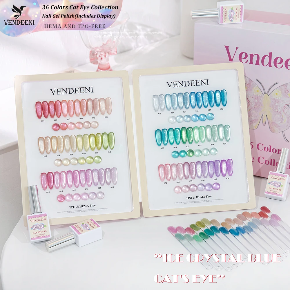 Vendeeni 36 Colors Water Light Crystal Cat Eye Gel Nail Polish Set Magnetic Rainbow UV Soak Off Cat Eye Gel Varnish With Display