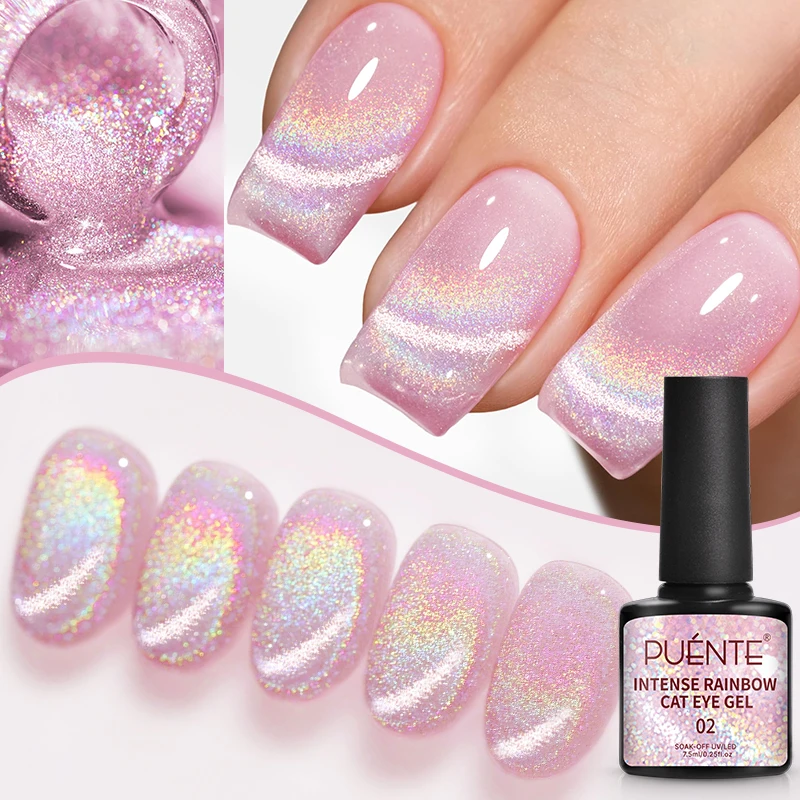 PUENTE 7.5ML Rainbow Cat Eye Gel Nail Polish Light Pink Color Iridescent Glitter Magnetic Nail Gel Soak Off UV Nail Art Varnish