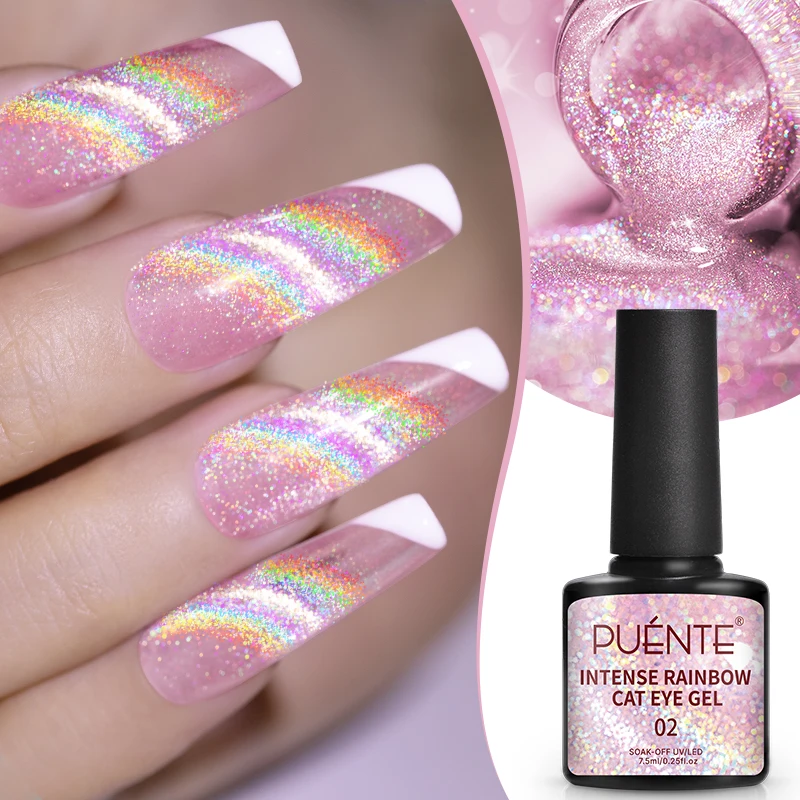 PUENTE 7.5ML Holographic Rainbow Cat Eye Gel Nail Polish Light Pink Glitter Cat Magnetic Effect Soak Off UV Nail Art Varnish