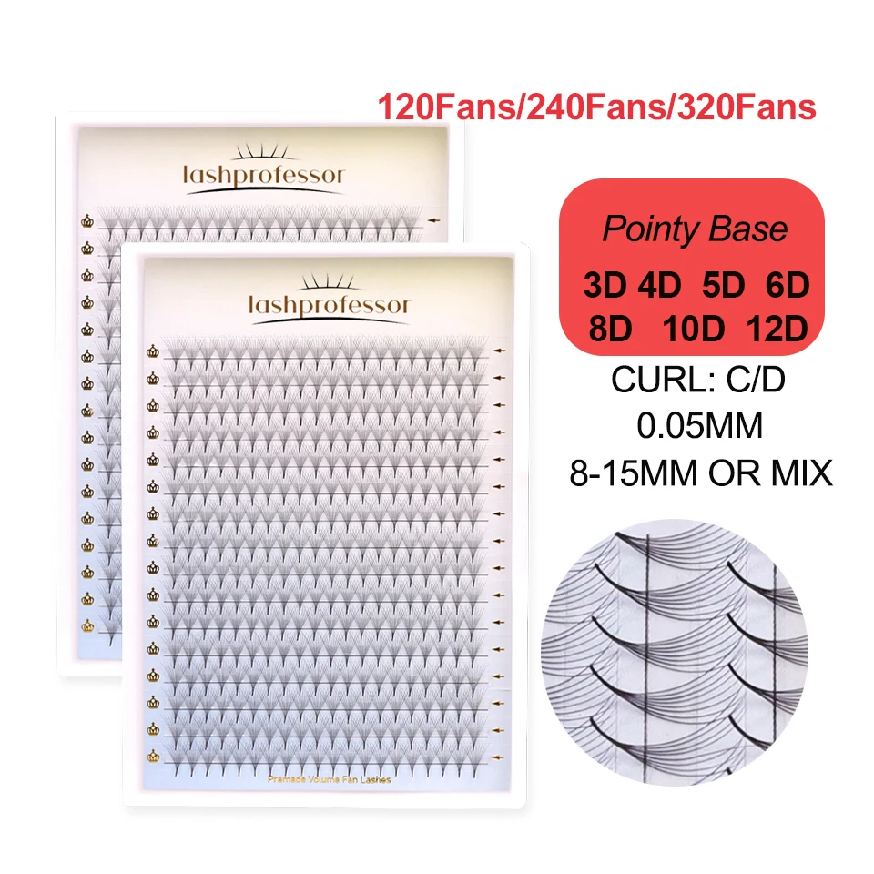 Lashprofessor Premade Volume Fans 8D 10D 12D 320fans Pointy Base Thin Sharp Stem Eyelash Extension Faux Mink Premade Cilia