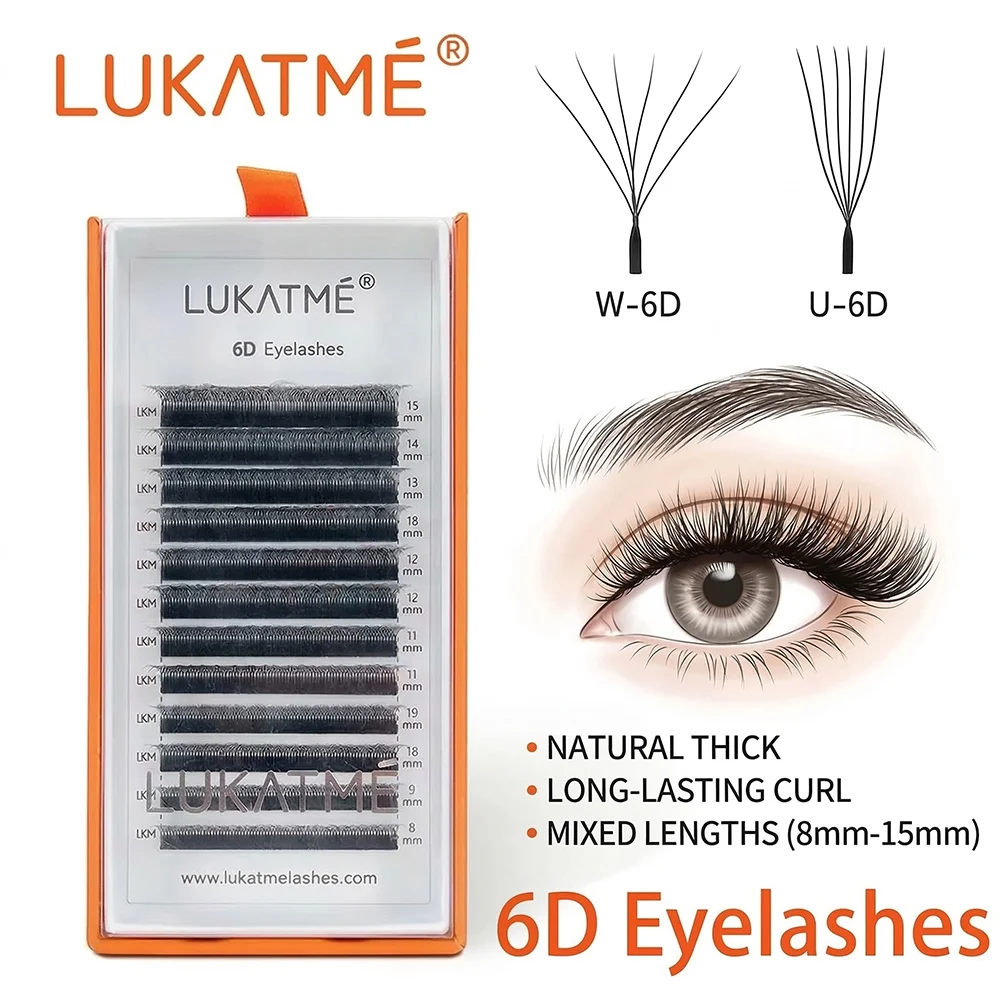 LUKATME 6D W Shape Eyelash Extension Premade Volume Fans 6D U Shape Eyelashes 0.07 BASF Curl Retention False Mink 6D Lashes