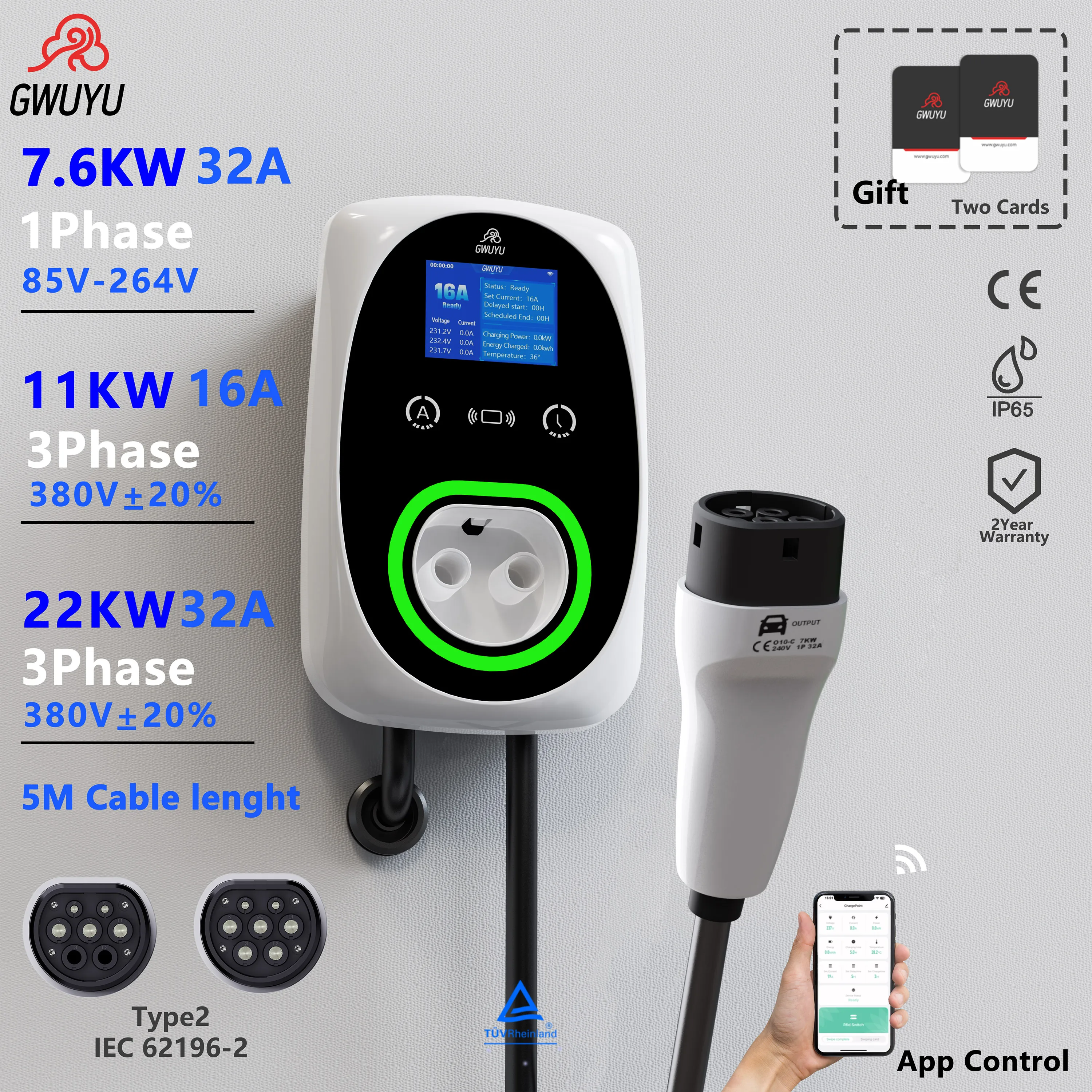 GWUYU New EV Charger 32A 7.6KW  Wallbox Type2 Cable Socket with APP Control for Electric Vehicle Car Charging 3-Phase 11KW 22KW