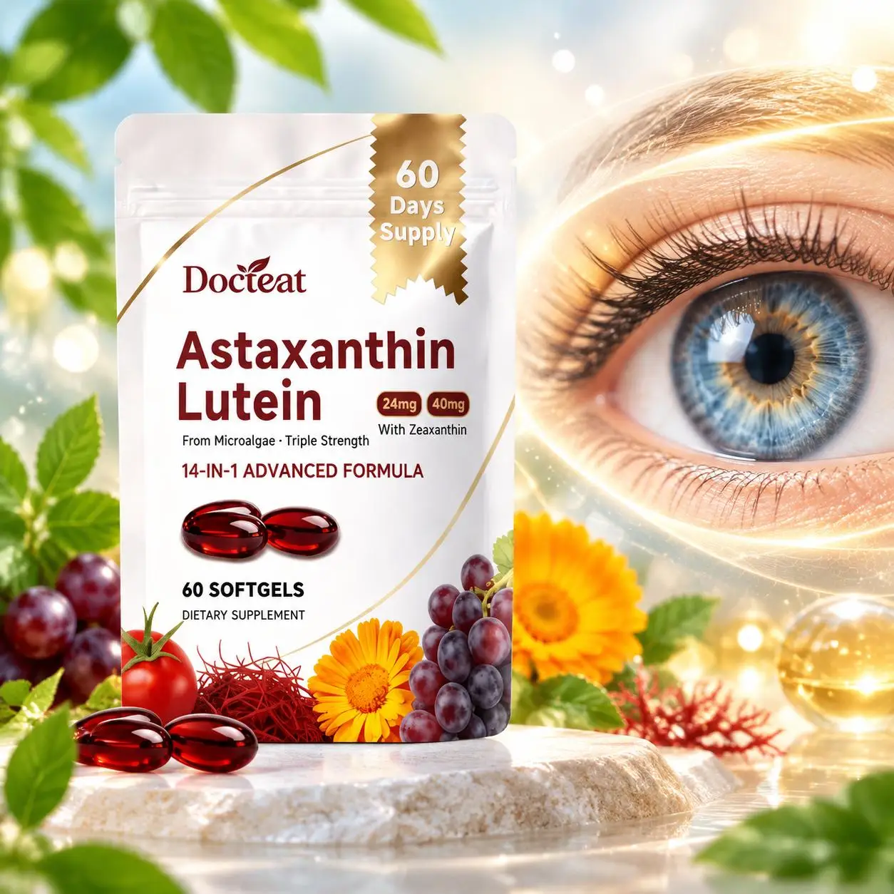 Astaxanthin Lutein Softgels Relieve Eye Strain Promote Blue Light Protection Macular Health Antioxidant 60pcs for Screen Fatigue