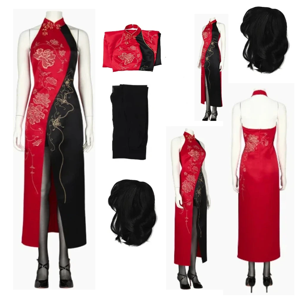 Horror Movie Resident Evil 4 Ada Wong Cosplay Costume Wig Brown Split Cheongsam Stockings Sexy Agent Women Outfit Halloween Suit