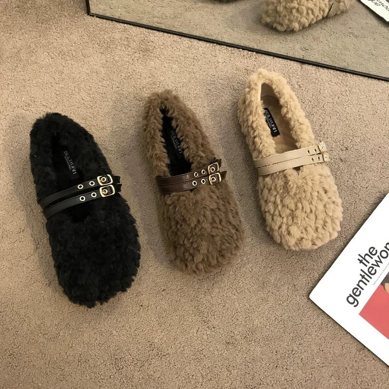 Designer Warm Cotton Women Flats Shoes Women Ballet Laofer Shallow Slip on Ladies Fur Mary Jane Shoes Soft Outdoor Granny Shoes