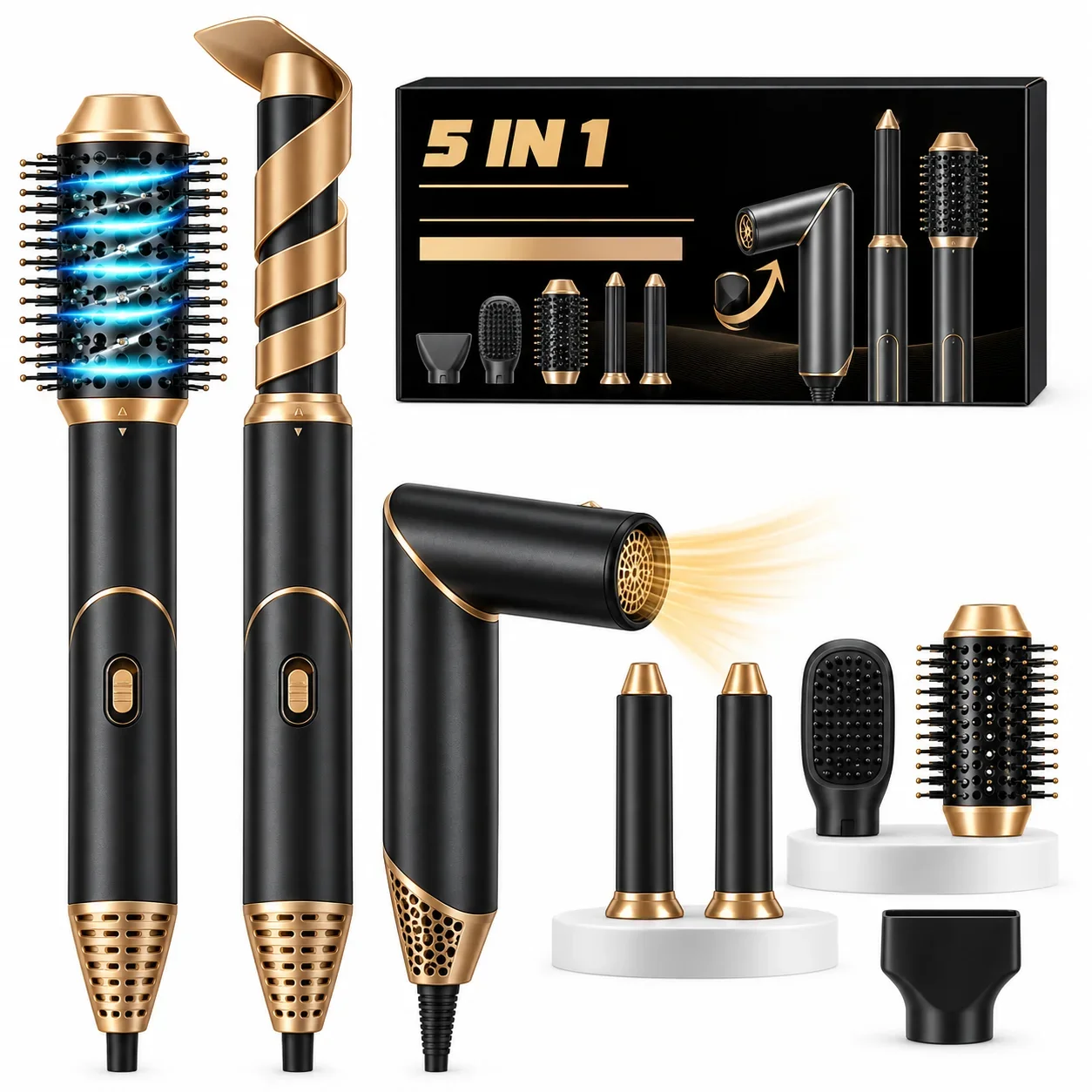 New Hair Dryer Hair Straightener Brush Blow Negative Ionic Detachable Hair Dryer Styler Air Culer Wand Kit Air Hot Comb Set