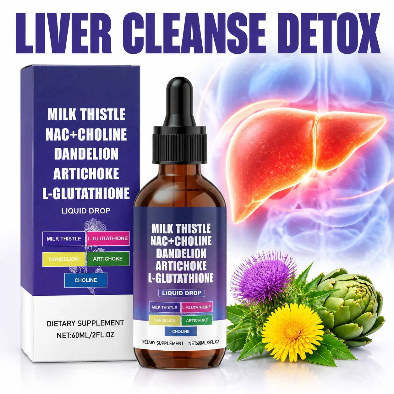 Milk Thistle NAC Liver Cleanse Detox Drops for Fatty Liver with Elevated Enzymes, Hangover Relief, Bile Flow, 60ML / 2FL.OZ