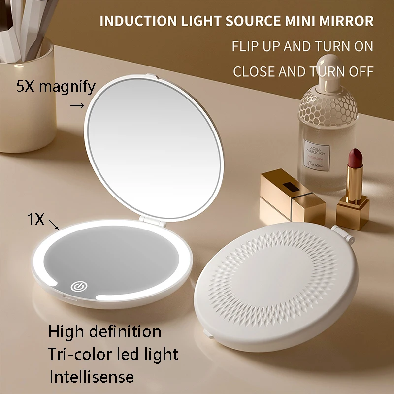 1x/5x Magnifying Makeup Mirror Intelligent Tri Color LED Light Cosmetic Mirrors Small Portable HD Double-Sided Mirror for Travel